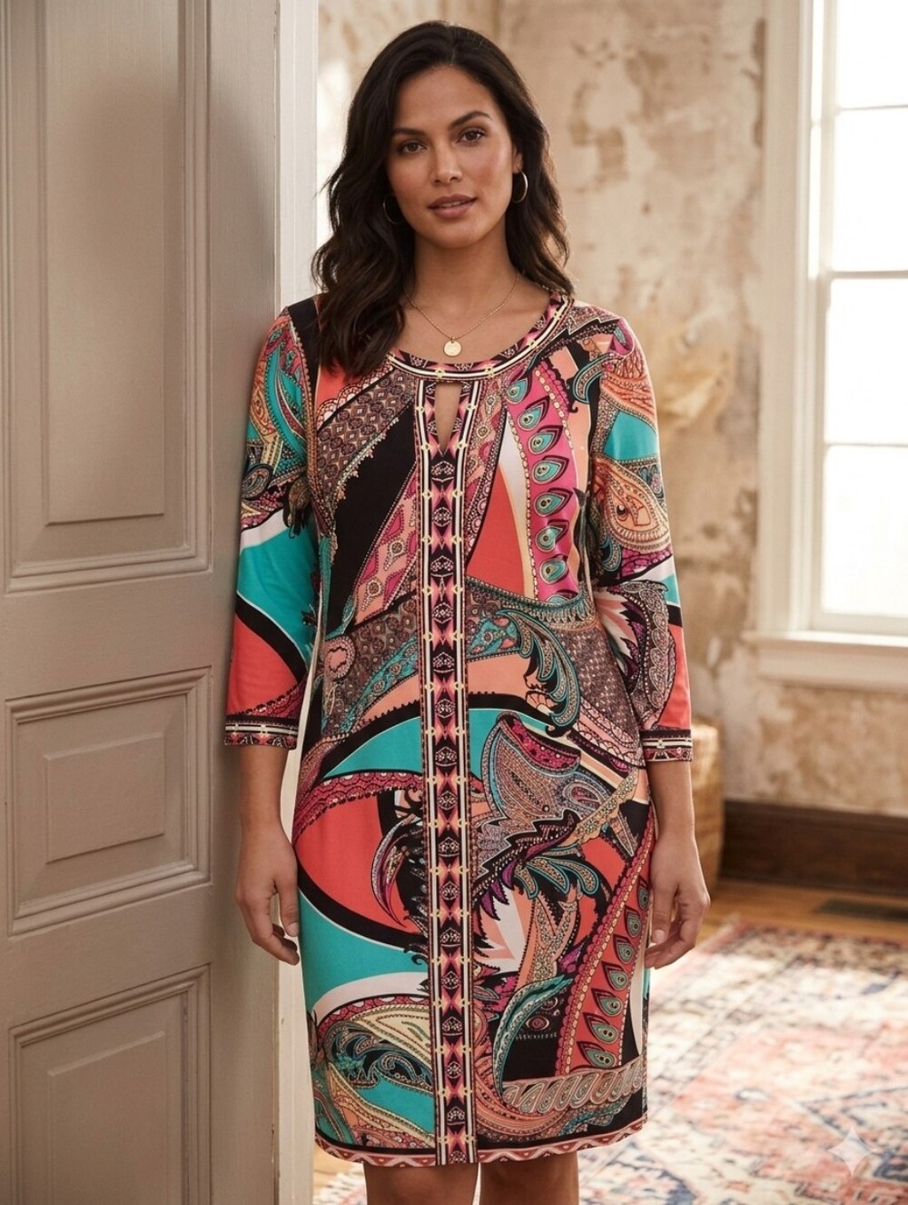 Beige by ECI Paisley Geometric Sheath Dress Keyhole 3/4 Sleeve Multi-Color